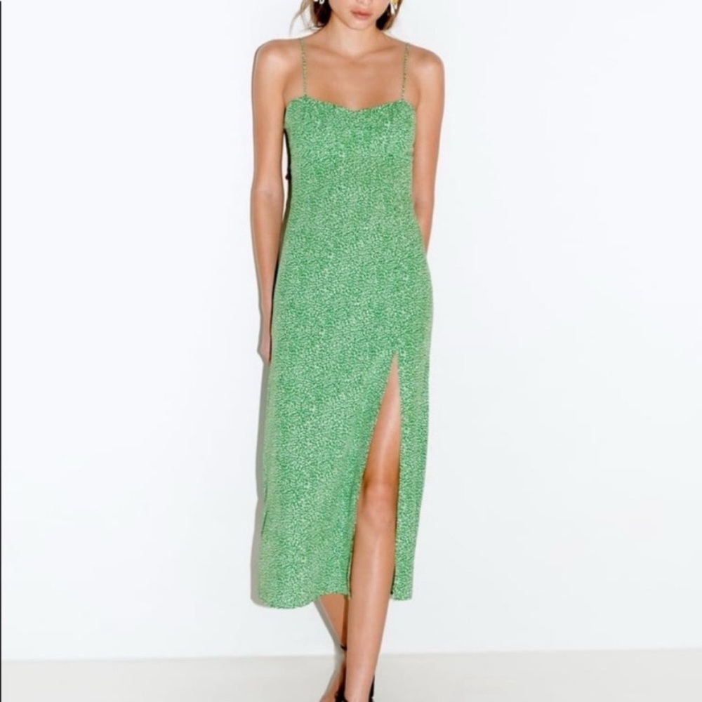 Zara green leopard sun dress with slit